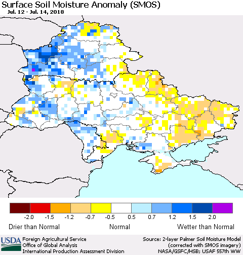 Ukraine, Moldova and Belarus Surface Soil Moisture Anomaly (SMOS) Thematic Map For 7/9/2018 - 7/15/2018