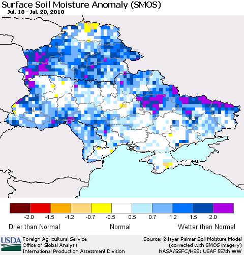 Ukraine, Moldova and Belarus Surface Soil Moisture Anomaly (SMOS) Thematic Map For 7/16/2018 - 7/22/2018