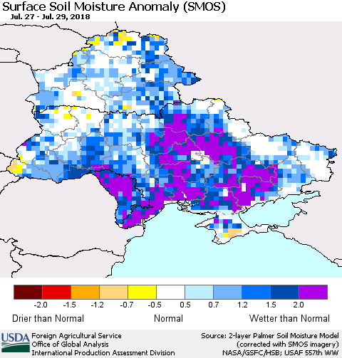 Ukraine, Moldova and Belarus Surface Soil Moisture Anomaly (SMOS) Thematic Map For 7/23/2018 - 7/29/2018