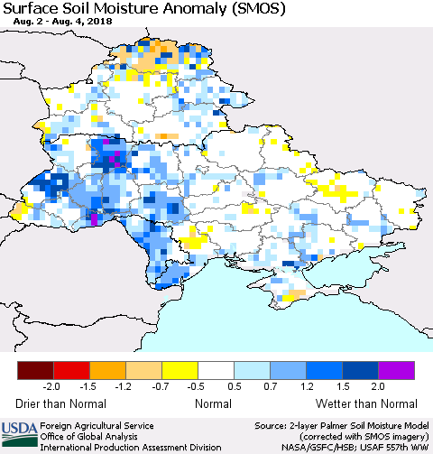 Ukraine, Moldova and Belarus Surface Soil Moisture Anomaly (SMOS) Thematic Map For 7/30/2018 - 8/5/2018