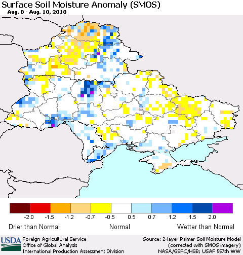 Ukraine, Moldova and Belarus Surface Soil Moisture Anomaly (SMOS) Thematic Map For 8/6/2018 - 8/12/2018