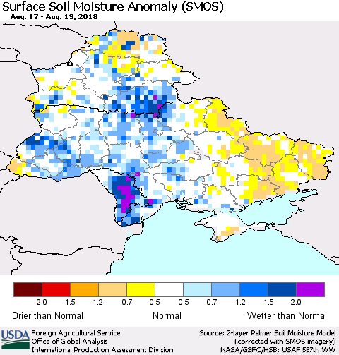 Ukraine, Moldova and Belarus Surface Soil Moisture Anomaly (SMOS) Thematic Map For 8/13/2018 - 8/19/2018