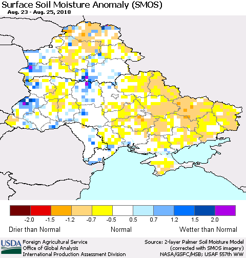 Ukraine, Moldova and Belarus Surface Soil Moisture Anomaly (SMOS) Thematic Map For 8/20/2018 - 8/26/2018