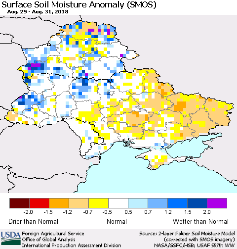Ukraine, Moldova and Belarus Surface Soil Moisture Anomaly (SMOS) Thematic Map For 8/27/2018 - 9/2/2018