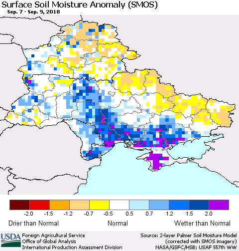 Ukraine, Moldova and Belarus Surface Soil Moisture Anomaly (SMOS) Thematic Map For 9/3/2018 - 9/9/2018