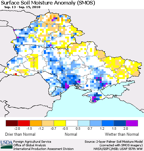 Ukraine, Moldova and Belarus Surface Soil Moisture Anomaly (SMOS) Thematic Map For 9/10/2018 - 9/16/2018