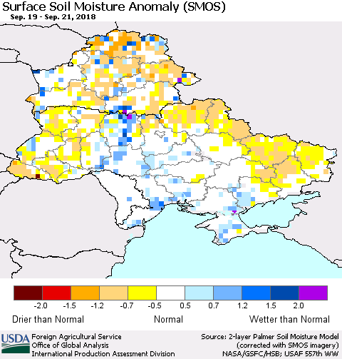 Ukraine, Moldova and Belarus Surface Soil Moisture Anomaly (SMOS) Thematic Map For 9/17/2018 - 9/23/2018