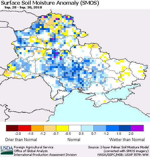 Ukraine, Moldova and Belarus Surface Soil Moisture Anomaly (SMOS) Thematic Map For 9/24/2018 - 9/30/2018