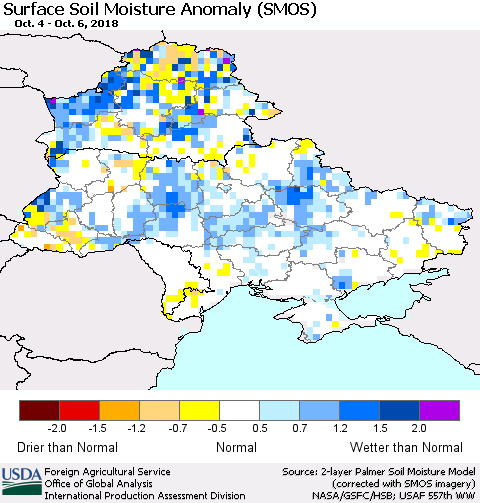 Ukraine, Moldova and Belarus Surface Soil Moisture Anomaly (SMOS) Thematic Map For 10/1/2018 - 10/7/2018