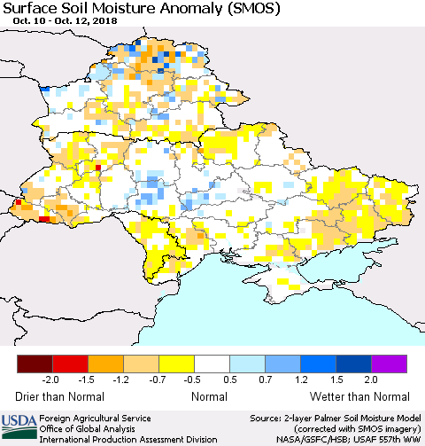 Ukraine, Moldova and Belarus Surface Soil Moisture Anomaly (SMOS) Thematic Map For 10/8/2018 - 10/14/2018