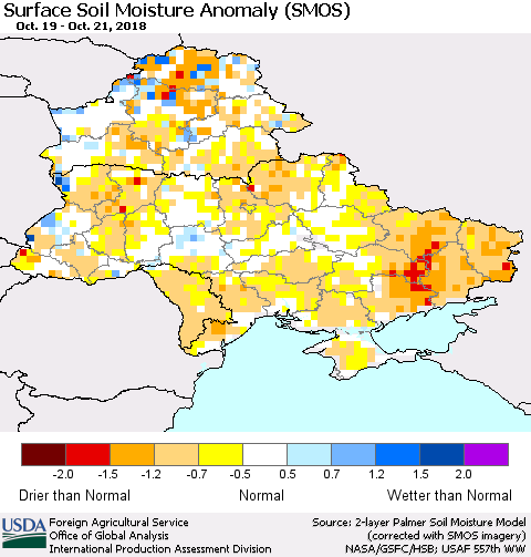 Ukraine, Moldova and Belarus Surface Soil Moisture Anomaly (SMOS) Thematic Map For 10/15/2018 - 10/21/2018