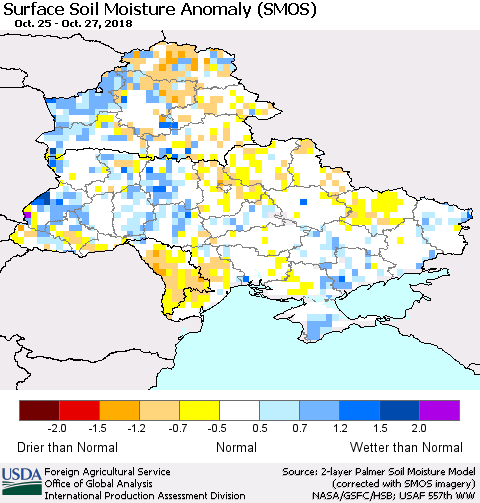 Ukraine, Moldova and Belarus Surface Soil Moisture Anomaly (SMOS) Thematic Map For 10/22/2018 - 10/28/2018