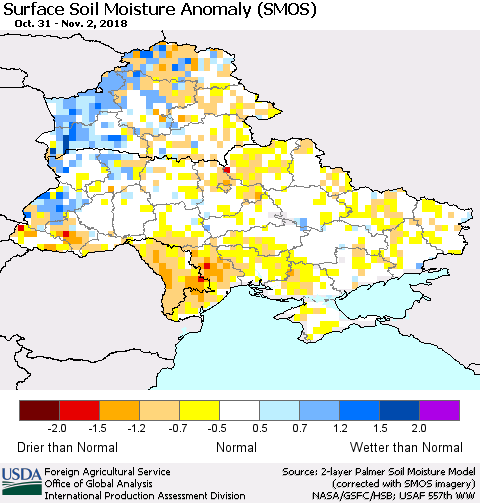 Ukraine, Moldova and Belarus Surface Soil Moisture Anomaly (SMOS) Thematic Map For 10/29/2018 - 11/4/2018