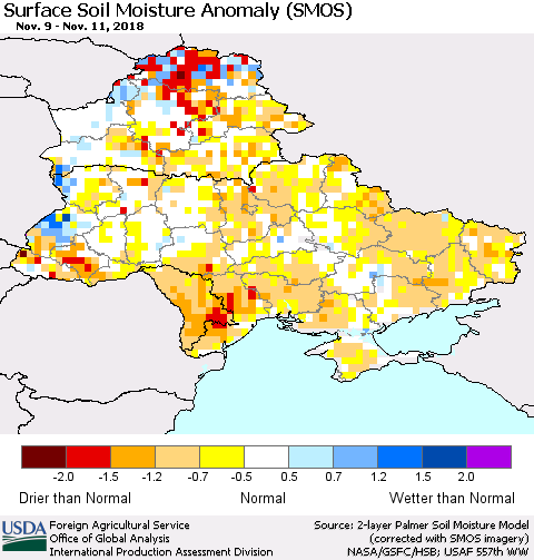 Ukraine, Moldova and Belarus Surface Soil Moisture Anomaly (SMOS) Thematic Map For 11/5/2018 - 11/11/2018