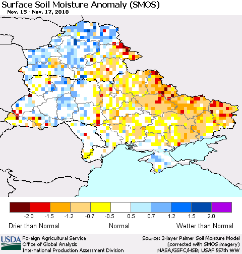 Ukraine, Moldova and Belarus Surface Soil Moisture Anomaly (SMOS) Thematic Map For 11/12/2018 - 11/18/2018