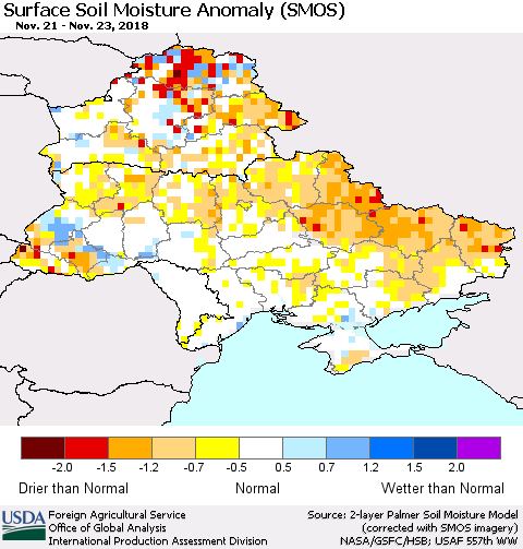 Ukraine, Moldova and Belarus Surface Soil Moisture Anomaly (SMOS) Thematic Map For 11/19/2018 - 11/25/2018