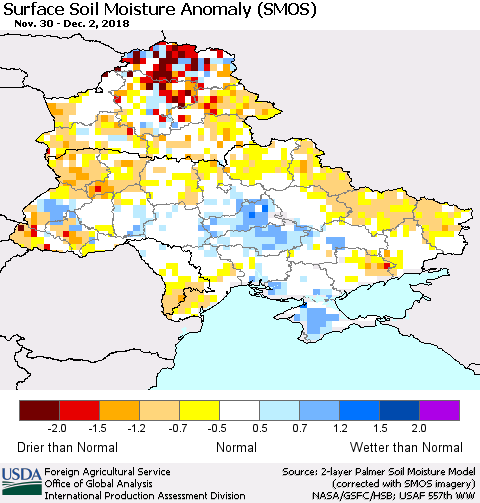 Ukraine, Moldova and Belarus Surface Soil Moisture Anomaly (SMOS) Thematic Map For 11/26/2018 - 12/2/2018
