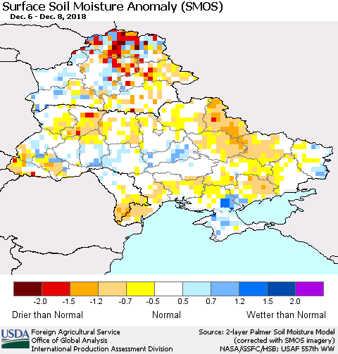 Ukraine, Moldova and Belarus Surface Soil Moisture Anomaly (SMOS) Thematic Map For 12/3/2018 - 12/9/2018