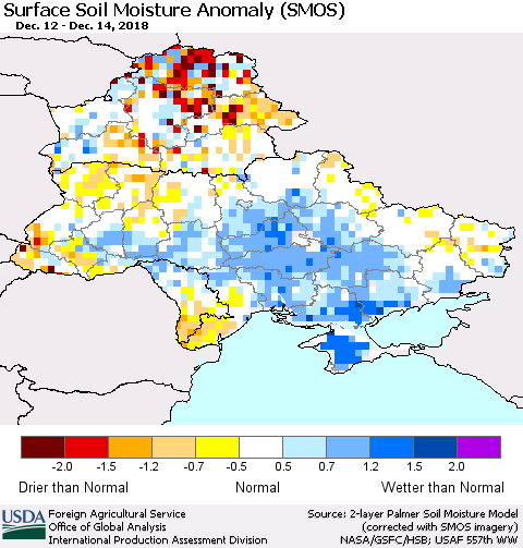 Ukraine, Moldova and Belarus Surface Soil Moisture Anomaly (SMOS) Thematic Map For 12/10/2018 - 12/16/2018