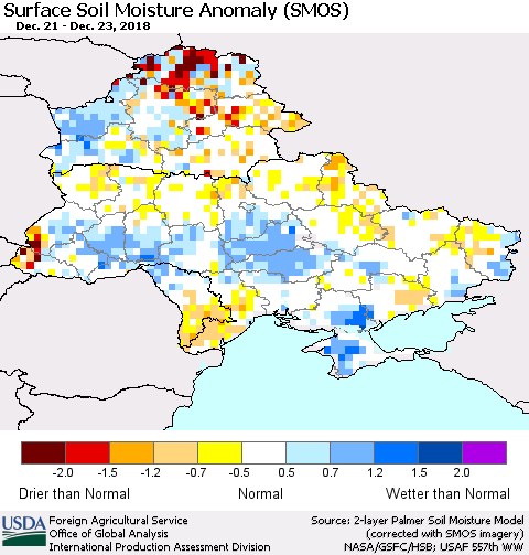 Ukraine, Moldova and Belarus Surface Soil Moisture Anomaly (SMOS) Thematic Map For 12/17/2018 - 12/23/2018
