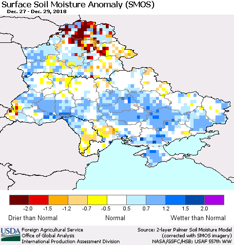 Ukraine, Moldova and Belarus Surface Soil Moisture Anomaly (SMOS) Thematic Map For 12/24/2018 - 12/30/2018