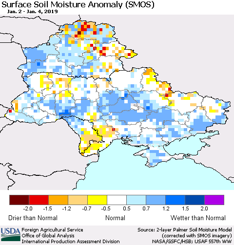 Ukraine, Moldova and Belarus Surface Soil Moisture Anomaly (SMOS) Thematic Map For 12/31/2018 - 1/6/2019