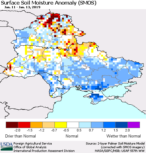 Ukraine, Moldova and Belarus Surface Soil Moisture Anomaly (SMOS) Thematic Map For 1/7/2019 - 1/13/2019