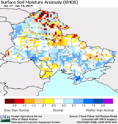 Ukraine, Moldova and Belarus Surface Soil Moisture Anomaly (SMOS) Thematic Map For 1/14/2019 - 1/20/2019