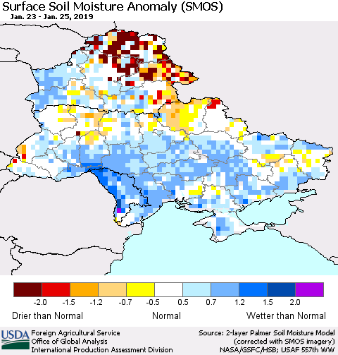 Ukraine, Moldova and Belarus Surface Soil Moisture Anomaly (SMOS) Thematic Map For 1/21/2019 - 1/27/2019