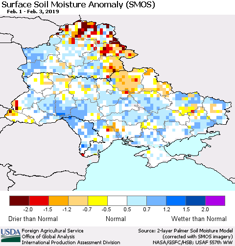Ukraine, Moldova and Belarus Surface Soil Moisture Anomaly (SMOS) Thematic Map For 1/28/2019 - 2/3/2019
