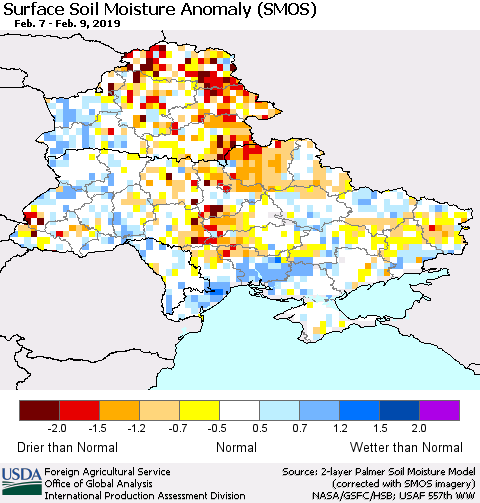 Ukraine, Moldova and Belarus Surface Soil Moisture Anomaly (SMOS) Thematic Map For 2/4/2019 - 2/10/2019