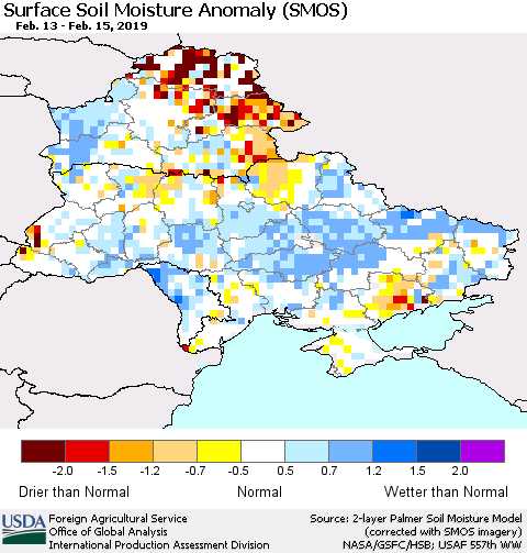Ukraine, Moldova and Belarus Surface Soil Moisture Anomaly (SMOS) Thematic Map For 2/11/2019 - 2/17/2019