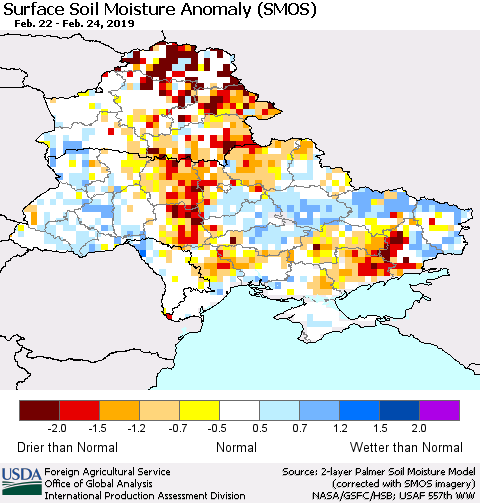 Ukraine, Moldova and Belarus Surface Soil Moisture Anomaly (SMOS) Thematic Map For 2/18/2019 - 2/24/2019