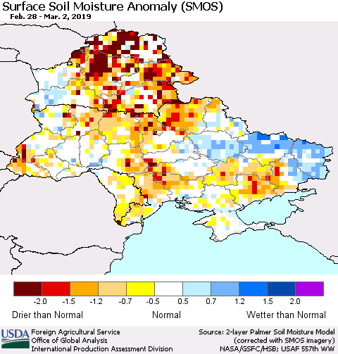 Ukraine, Moldova and Belarus Surface Soil Moisture Anomaly (SMOS) Thematic Map For 2/25/2019 - 3/3/2019