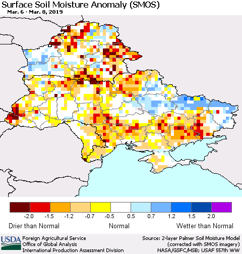Ukraine, Moldova and Belarus Surface Soil Moisture Anomaly (SMOS) Thematic Map For 3/4/2019 - 3/10/2019