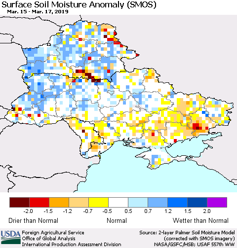 Ukraine, Moldova and Belarus Surface Soil Moisture Anomaly (SMOS) Thematic Map For 3/11/2019 - 3/17/2019