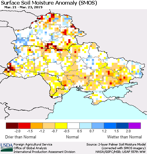 Ukraine, Moldova and Belarus Surface Soil Moisture Anomaly (SMOS) Thematic Map For 3/18/2019 - 3/24/2019