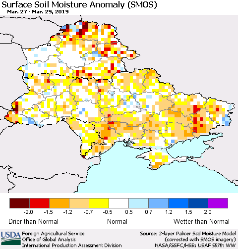 Ukraine, Moldova and Belarus Surface Soil Moisture Anomaly (SMOS) Thematic Map For 3/25/2019 - 3/31/2019