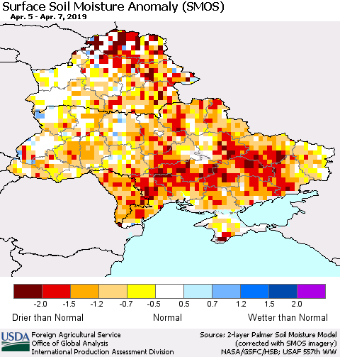 Ukraine, Moldova and Belarus Surface Soil Moisture Anomaly (SMOS) Thematic Map For 4/1/2019 - 4/7/2019