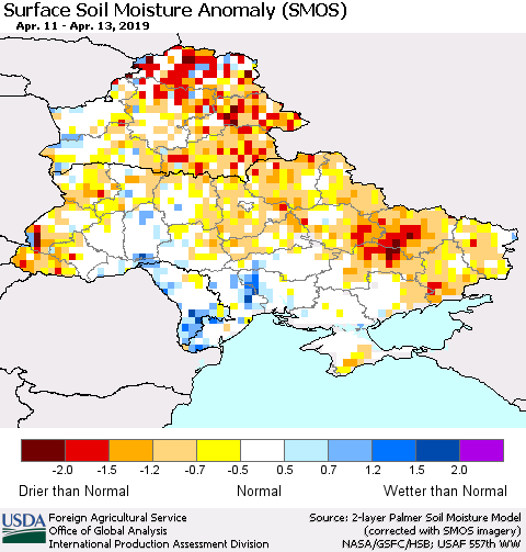 Ukraine, Moldova and Belarus Surface Soil Moisture Anomaly (SMOS) Thematic Map For 4/8/2019 - 4/14/2019