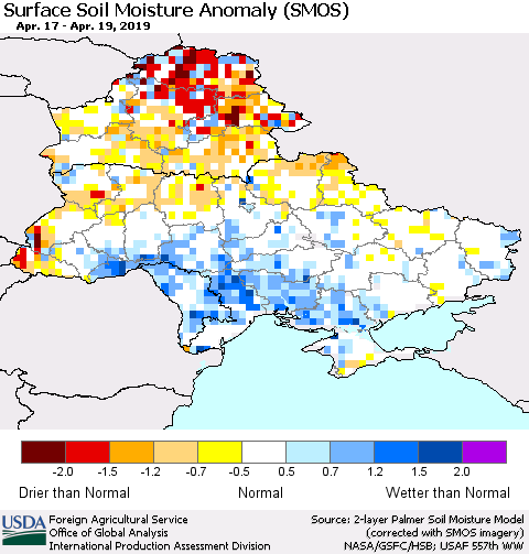 Ukraine, Moldova and Belarus Surface Soil Moisture Anomaly (SMOS) Thematic Map For 4/15/2019 - 4/21/2019