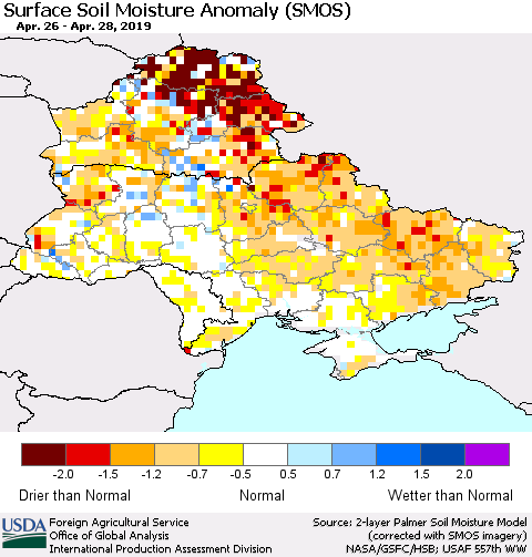 Ukraine, Moldova and Belarus Surface Soil Moisture Anomaly (SMOS) Thematic Map For 4/22/2019 - 4/28/2019