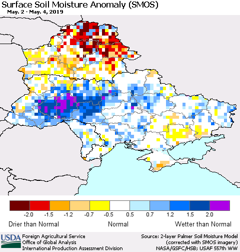 Ukraine, Moldova and Belarus Surface Soil Moisture Anomaly (SMOS) Thematic Map For 4/29/2019 - 5/5/2019