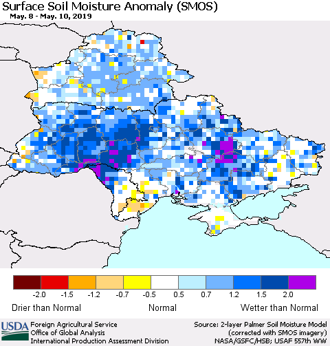 Ukraine, Moldova and Belarus Surface Soil Moisture Anomaly (SMOS) Thematic Map For 5/6/2019 - 5/12/2019