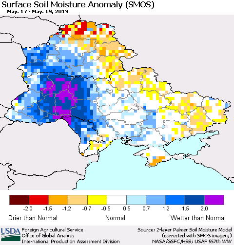 Ukraine, Moldova and Belarus Surface Soil Moisture Anomaly (SMOS) Thematic Map For 5/13/2019 - 5/19/2019