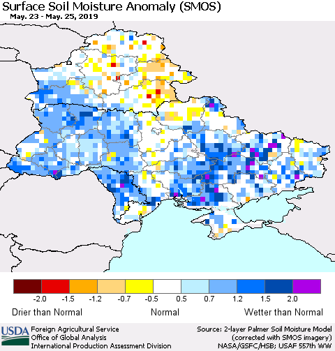 Ukraine, Moldova and Belarus Surface Soil Moisture Anomaly (SMOS) Thematic Map For 5/20/2019 - 5/26/2019