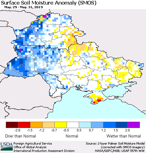 Ukraine, Moldova and Belarus Surface Soil Moisture Anomaly (SMOS) Thematic Map For 5/27/2019 - 6/2/2019