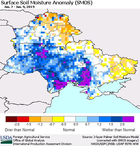 Ukraine, Moldova and Belarus Surface Soil Moisture Anomaly (SMOS) Thematic Map For 6/3/2019 - 6/9/2019