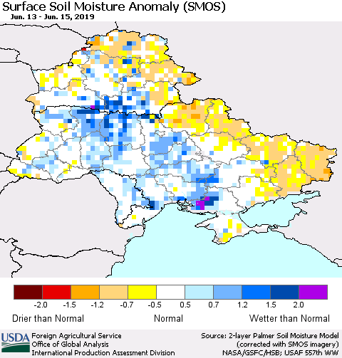Ukraine, Moldova and Belarus Surface Soil Moisture Anomaly (SMOS) Thematic Map For 6/10/2019 - 6/16/2019