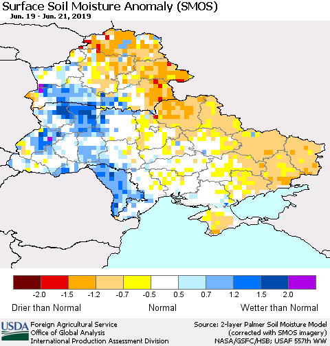 Ukraine, Moldova and Belarus Surface Soil Moisture Anomaly (SMOS) Thematic Map For 6/17/2019 - 6/23/2019